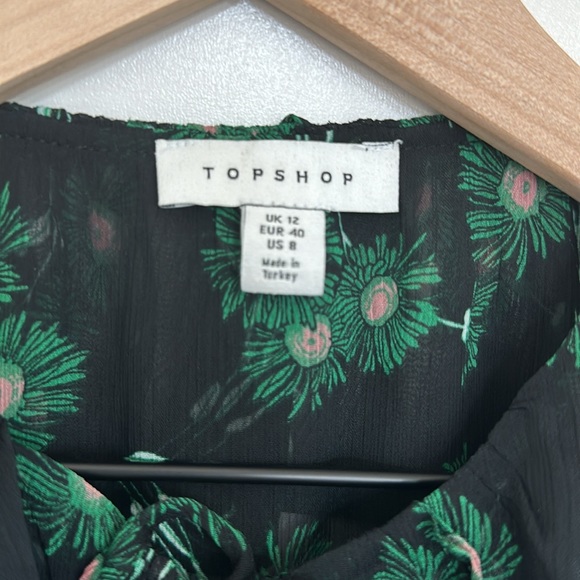 Topshop Blouse sheer black with green and pink flowers size 8 long sleeve - Picture 2 of 9